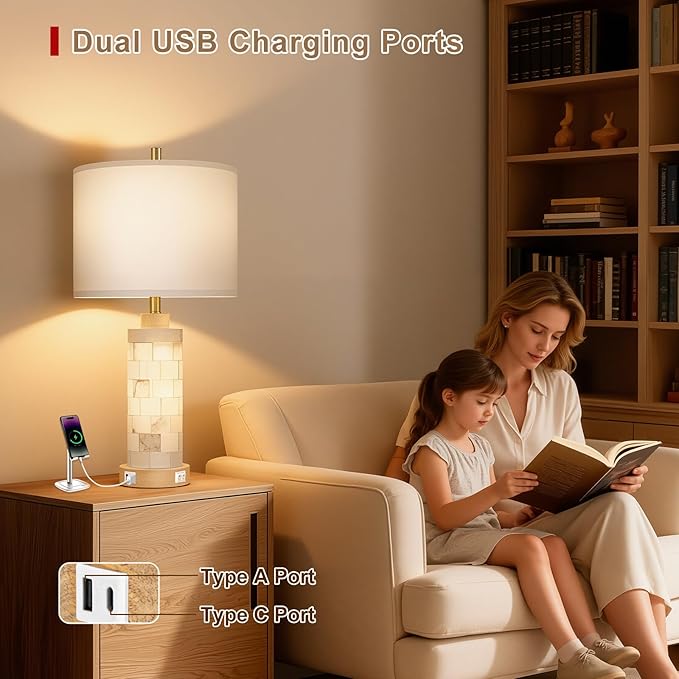 27" Natural Alabaster And Wood Table Lamp Set of 2 With Night Light Nightstand Lamps With USB Ports White Linen Fabric Shade Bedside Lamp Decor For Living Room Bedroom Home Office Hotel Bar House