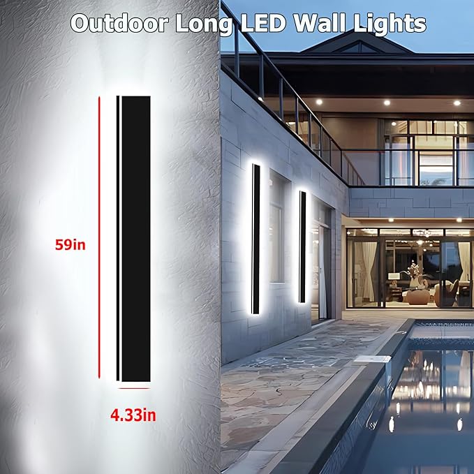2pcs 59in Exterior Wall Lights,4.33in Wide Dimmable Modern Outdoor Wall Lights for Garage and Front Door,Linear Outdoor Wall Sconce IP65 Waterproof,Black LED Outdoor Long Light Fixture