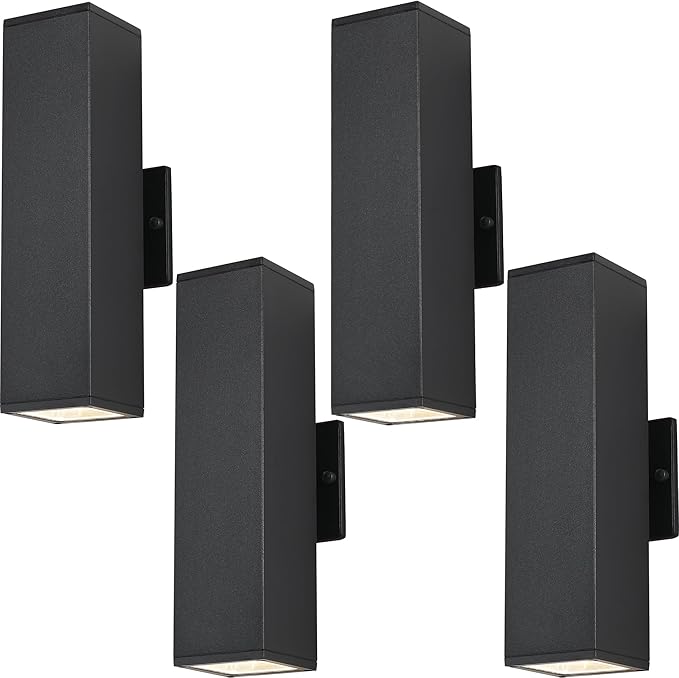Outdoor Porch Lights, 14 in Outside Lights for House,Garage,Front Door,Modern Black Outdoor Wall Sconce,Up and Down Aluminum Square Patio Wall Light Fixture Include 8 * 7W Led Bulbs 4PCS