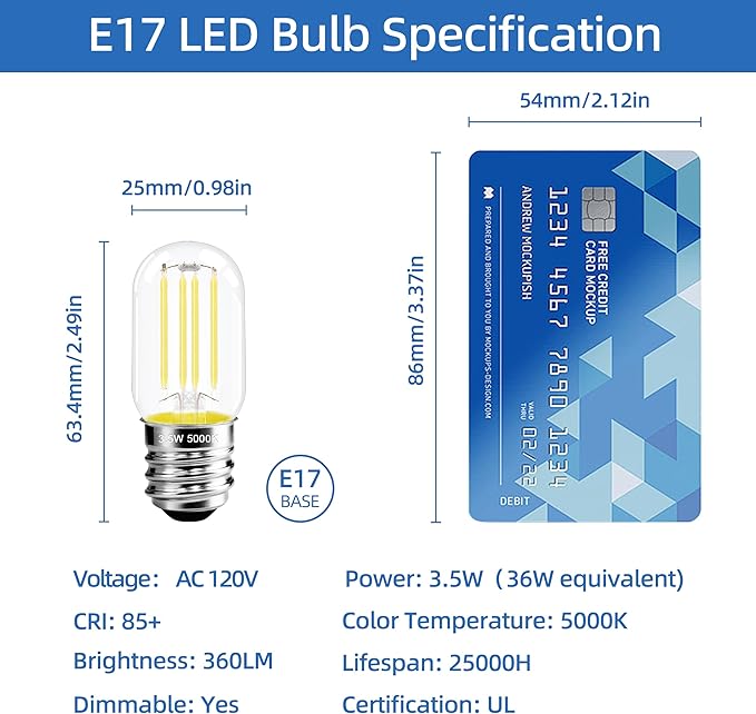 2.5 Inch E17 Intermediate Base LED Filament Bulb 360 Lumens, 5000K Daylight White Dimmable Appliance Bulb AC 120V, UL Listed T8 Microwave Light Bulbs Under Hood for Refrigerator Stove 6Pack