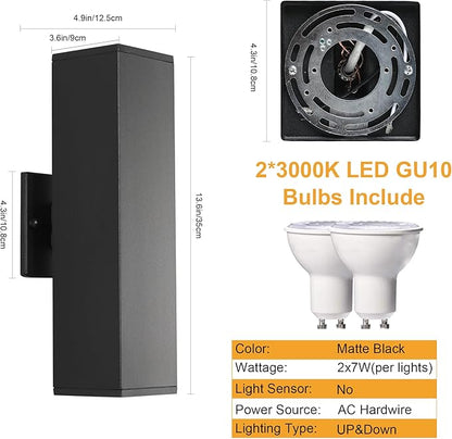 Outdoor Light Fixture,Black Outdoor Porch Light,14 in Up and Down Modern Exterior Wall Light for for Front Door,Patio,Garage Include 4 * 7W Warm White Led Bulbs,Waterproof,Aluminum,2Packs