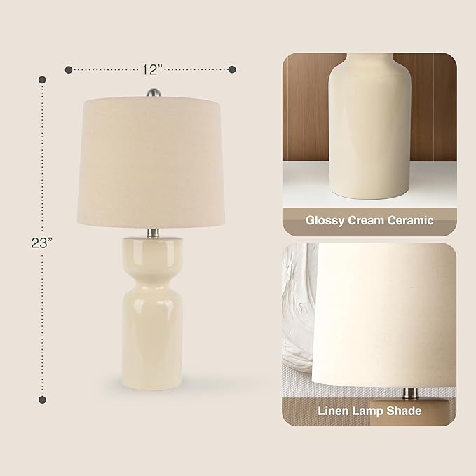 Abani Table Lamp Carlotta Gloss Cylinder 23” – Cream Ceramic Base with Linen Shade – E26 Bulb Included – Modern Desk Lamp for Bedroom, Living Room Lamp, or Entryway