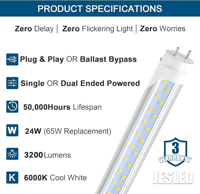 JESLED 4FT LED T8 Type A+B Tube Lights, 24W(65W Equivalent), 3200LM, 6000K, Single or Double End Powered, Plug and Play or Ballast Bypass, 4 Foot T10 T12 Fluorescent Bulbs Replacement, Clear(2-Pack)