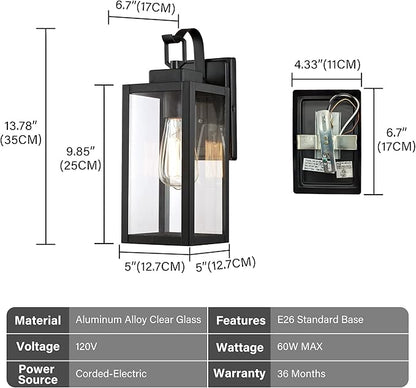 Pia Ricco Outdoor Wall Lights, Matte Black Exterior Light Fixtures with Clear Glass Shade, Waterproof Front Porch Lighting, Modern Sconces Lantern for Outside, House, Garage, E26 Socket, ETL Listed