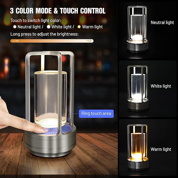 Cordless Table Lamp for Outdoor Indoor, Portable Rechargeable Battery Powered LED Crystal Lantern Lamp, 3 Color Touch Control Stepless Dimming, Small Desk Light for Restaurant Home (Silver)