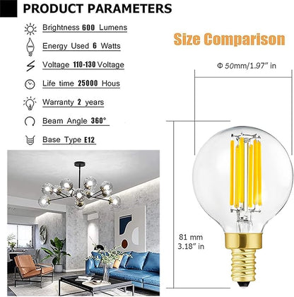Leools Dimmable g16.5 led Bulb e12 g16 1/2 led Candelabra Bulb 60w Edison Bulb 4000K Neutral White 600lm ac120v 6w g50 led Globe Bulb for Chandelier,Vanity and Ceiling Fan,6Pack