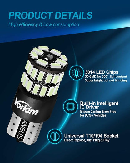 Yorkim 194 LED Bulb Ice Blue Error Free T10 168 LED Bulbs for Interior Light Door Trunk License Plate Lights 192 2825 W5W led Replacement Bulbs for 12V Car, Pack of 2