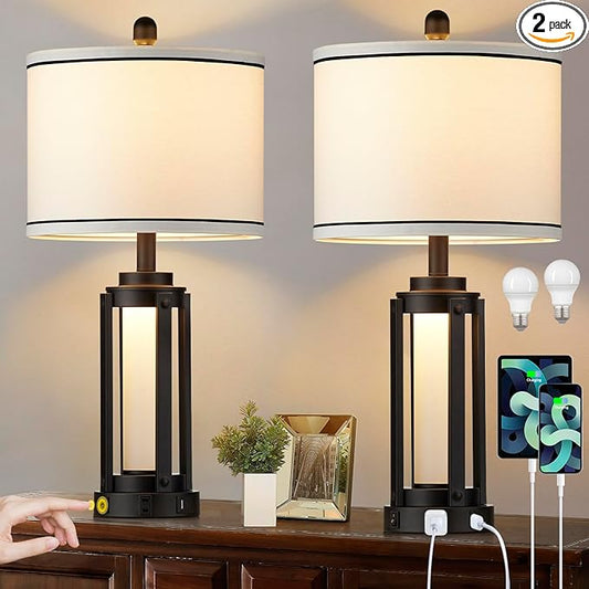 25" Modern Table Lamps Set of 2, Industrial Beside Lamps with USB A+C Charging Ports & AC Outlet, Nightstand Lamp with Glass Night Light for Living Room Bedroom End Table Decor White(4 Bulbs Included)