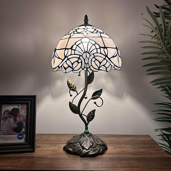 White Stained Glass Table Lamp Baroque Style Lavender Included LED Bulb for Living Room Bedroom Bedside 10" W*10" D*20" H