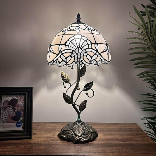 White Stained Glass Table Lamp Baroque Style Lavender Included LED Bulb for Living Room Bedroom Bedside 10" W*10" D*20" H