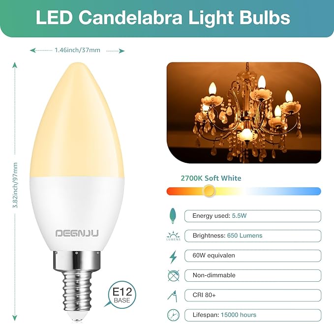 40 Pack LED Candelabra Light Bulbs 60W Equivalent, Chandelier Light Bulbs Soft White 2700K, E12 LED Bulb, Type B Light Bulb 5.5W, Candelabra Base, 120V, B11 Candle Light Bulb, Non-Dimmable