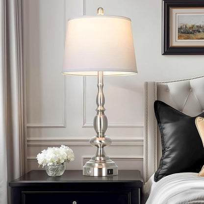 29" Tall Modern Silver Table Lamps Set of 2, 3-Way Dimmable Touch Living Room Lamp with USB A+C Charging Port, Brushed Nickel Metal Farmhouse Bedside lamp for Bedroom Nightstand Side Table Desk Office