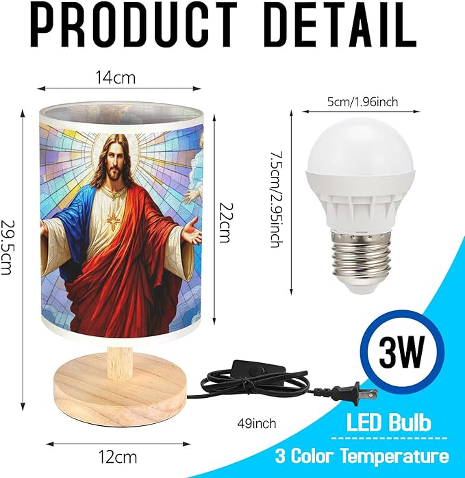 Jesus Blessing Table Lamp LED 3-Color Pressed Bedside, Jesus Blessing Shade Lamp with Wood Base for Bedroom Living Room Desk Office TL01