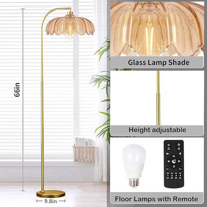 Gold Floor Lamp Dimmable Standing Lamp with Remote,Brass Tall Lamp Mid Century Modern Retro Glass Vintage Green Lamp Floor Light Boho Bohemian for Living Room,Bedroom