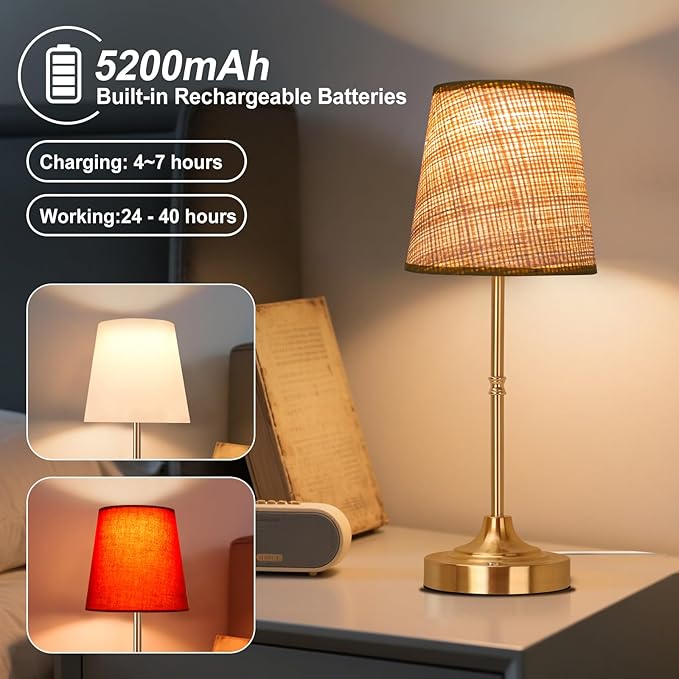 Portable Cordless Table Lamp 5200mAh Rechargeable Battery Powered Lighting, Three Color Dimmable Light, Fabric Shade Desk Lamp for Dining Room, Bedroom, Bedside, Bar, Night Light, Balcony