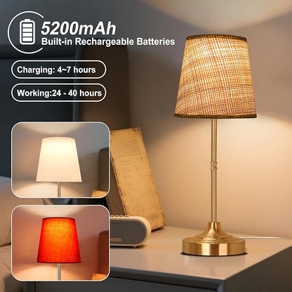Portable Cordless Table Lamp 5200mAh Rechargeable Battery Powered Lighting, Three Color Dimmable Light, Fabric Shade Desk Lamp for Dining Room, Bedroom, Bedside, Bar, Night Light, Balcony