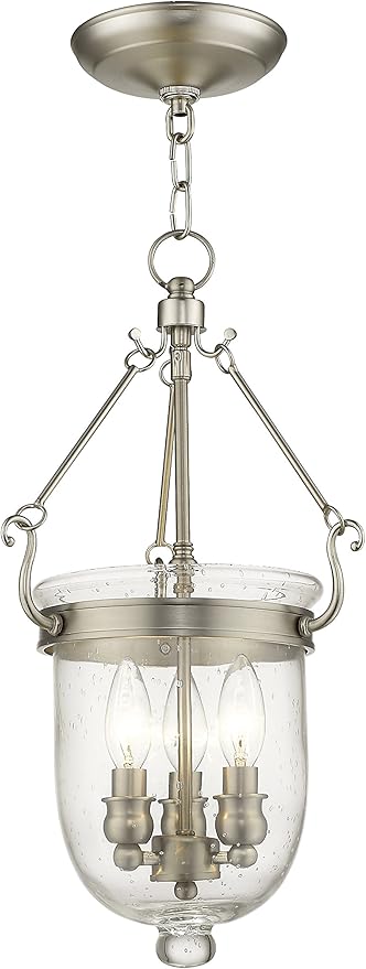 Livex Lighting 5083-91 Jefferson 3 Light Brushed Nickel Bell Jar Hanging Lantern with Seeded Glass