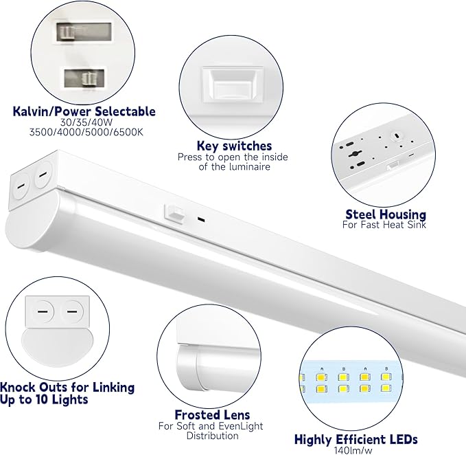 4FT LED Linear Strip Light, LED Shop Lights 40W/35W/30W Selectable,4 Color Selectable 3500K-6500K Adjustable,0-10V Dimmable Commercial Garage Office Ceiling Light Fixture, ETL DLC Listed (4 Pack)