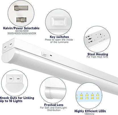 4FT LED Linear Strip Light, LED Shop Lights 40W/35W/30W Selectable,4 Color Selectable 3500K-6500K Adjustable,0-10V Dimmable Commercial Garage Office Ceiling Light Fixture, ETL DLC Listed (4 Pack)