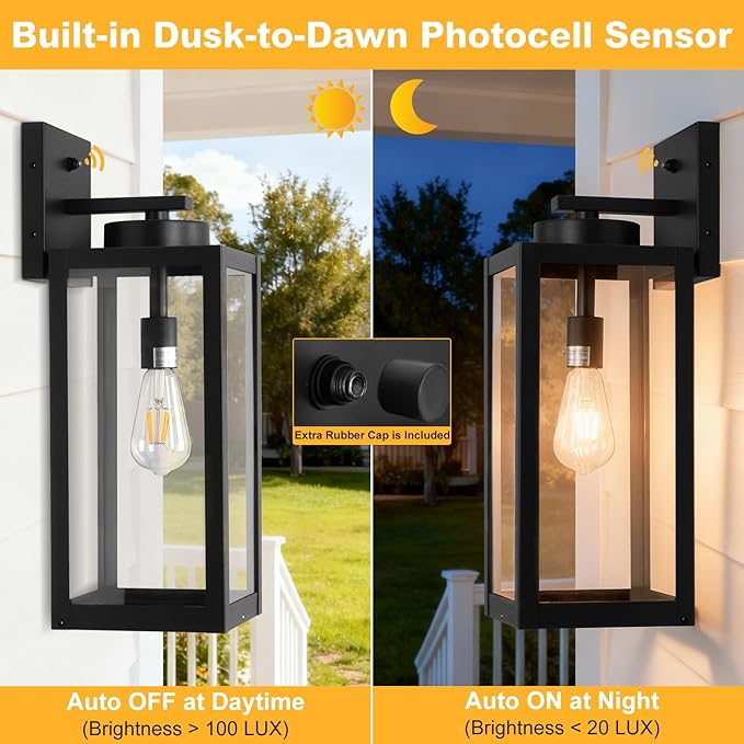 20" Large Dusk to Dawn Outdoor Wall Lantern with Closed Bottom - Black Outdoor Porch Lantern Wall Mounted, Waterproof Modern Outside Wall Sconce Coach Lamp for House, E26, 2 Packs