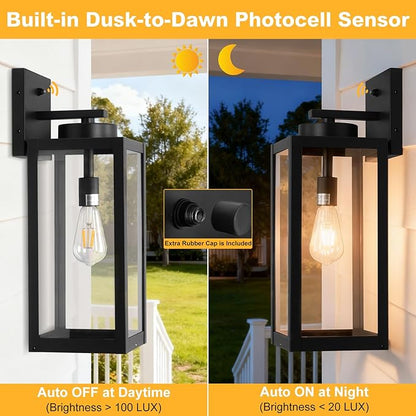 20" Large Dusk to Dawn Outdoor Wall Lantern with Closed Bottom - Black Outdoor Porch Lantern Wall Mounted, Waterproof Modern Outside Wall Sconce Coach Lamp for House, E26, 2 Packs
