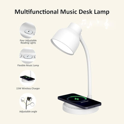 LED Desk Lamp for Office Home,Table lamp with Speaker,Desk Lamp for College Dorm Room,4 Brightness,Dimmable Table Lamp Eye Caring Reading Light(White)