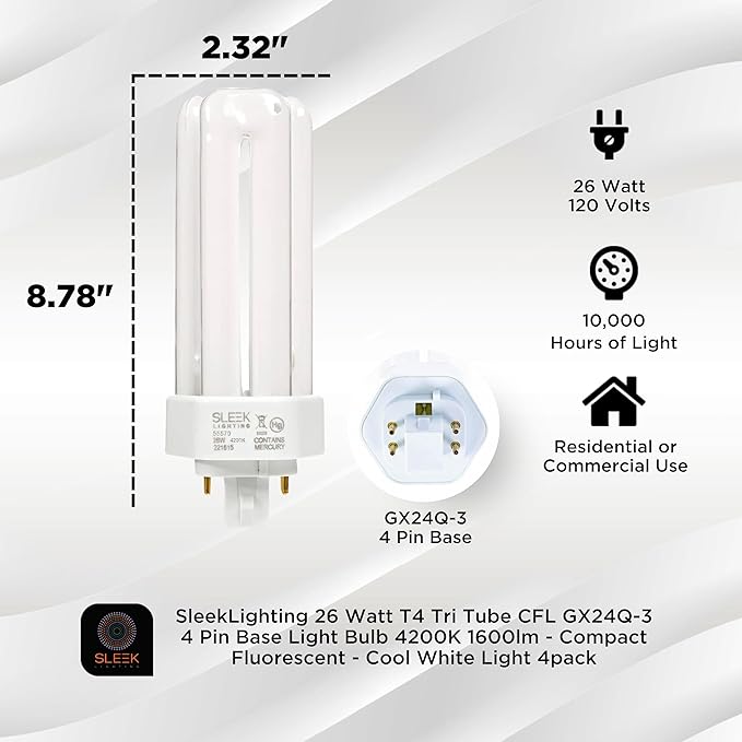 SLEEKLIGHTING 26 Watt T4 Tri Tube CFL 4 Pin GX24Q-3 Base Light Bulb 4200K 1600lm - Compact Fluorescent - Cool White Light 4pack