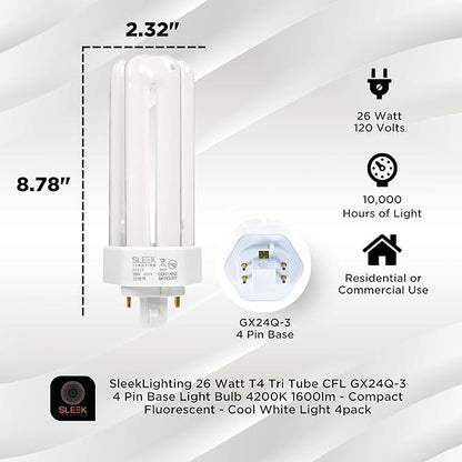 SLEEKLIGHTING 26 Watt T4 Tri Tube CFL 4 Pin GX24Q-3 Base Light Bulb 4200K 1600lm - Compact Fluorescent - Cool White Light 4pack