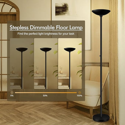30W Torchiere Floor Lamp - 3600LM Super Bright LED Floor Lamp, 71 Inch Stepless Dimmable Standing Lamp with 3000K Lighting, Rotary Switch, Tall Metal Torch Floor lamps for Living Room/Bedroom (Black)