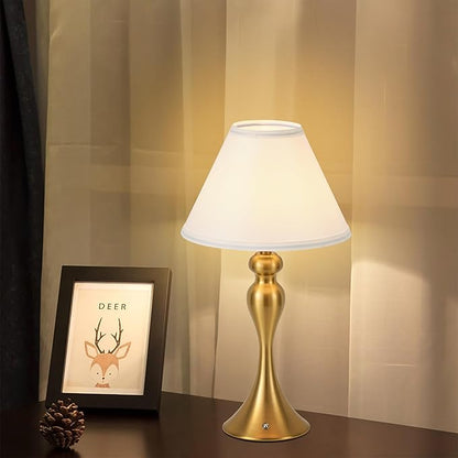 Rechargeable Cordless Table Lamps, Battery Operated Lamp with Fabric Shade for Decor, 3 Color Stepless Dimming LED Table Light, Nightstand Lamp for Nursery, Bedroom, Living Room, Home Office (Brass)