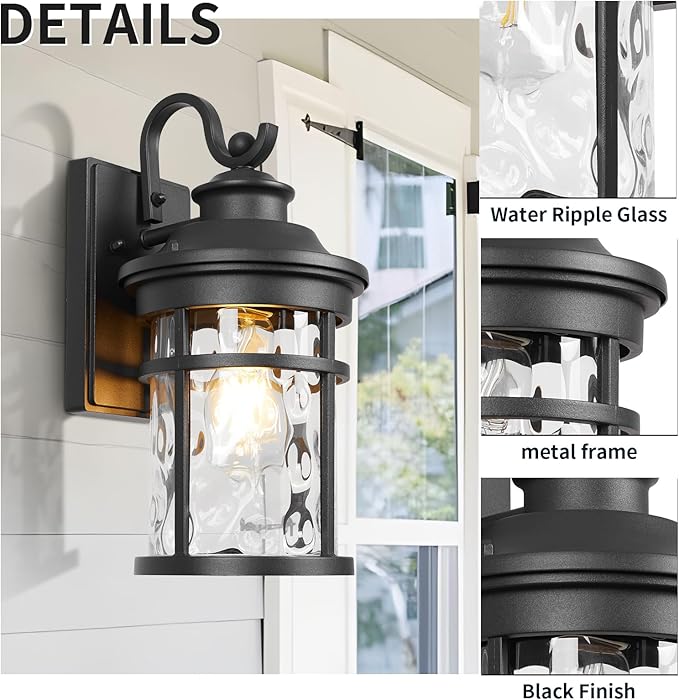 Treekee Outdoor Light Fixture Wall Mount, Modern Exterior Wall Sconce with Water Ripple Glass & E26 Sockets for Front Porch, Farmhouse Rustic Black Wall Lantern Lamp for Patio Garage Home Yard