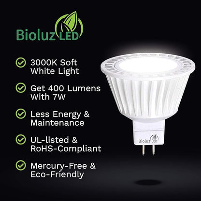 Bioluz LED 10 Pack MR16 LED Bulb Dimmable 50W Halogen Replacement 3000K 7w 12V AC DC UL Listed High CRI