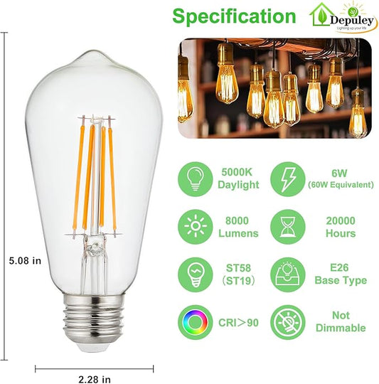 Depuley LED Light Bulbs E26: Edison LED Filament Bulbs 6W Equivalent 60W - Vintage Chandelier Lights Bulb 2700K Warm White - ST58 Clear Glass Bulb 360°Omnidirectional Lighting 800LM 90+CRI 12-Pack