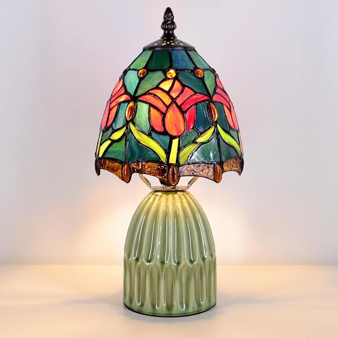 Tiffany Lamp Stained Glass Mushroom Table Lamps 6X6X12.5 Inch Blue Red Tulips Style Small Night Light Ceramic Base Mini Accent Desk Light Suitable for Bedside Table Bedroom Children Room