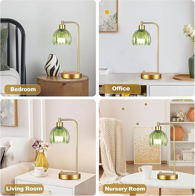 Green Table Lamp Set of 2,Small Glass Bedside Lamps Dimmable Boho Bedroom Lamp with Tulip Flower Lamp Shade,Gold Vintage Mid Century Modern Mini Nightstand Lamp for Bedroom Living Room