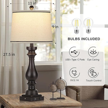 29" Farmhouse Table Lamp for Living Room,Vintage Bedside Nightstand Lamp with USB C+A Ports & AC Outlet,3-Way Dimmable Touch Control Retro Black Desk Lamp for Bedroom,Single Black