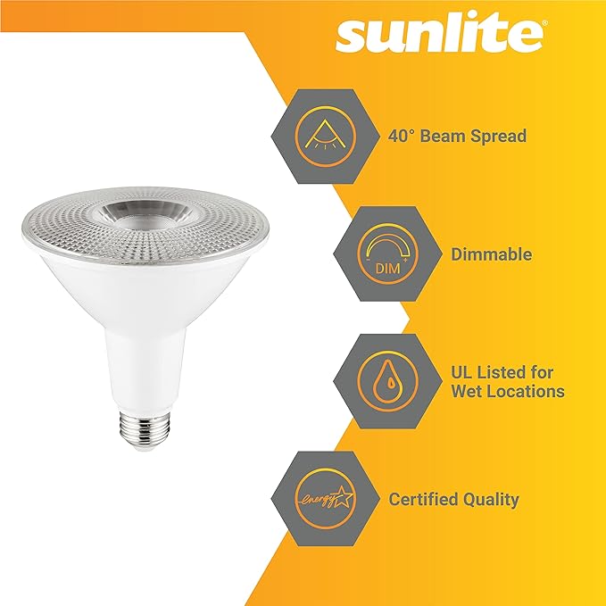 Sunlite 40333 LED PAR38 Long Neck Spotlight Bulb, 15 Watt (100W Halogen EQ), 1200 Lm, 40° Flood Beam, Medium E26 Base, 90 CRI, Waterproof, Dimmable, T20/T24/CEC & UL Listed, 5000K Daylight, 6 Count