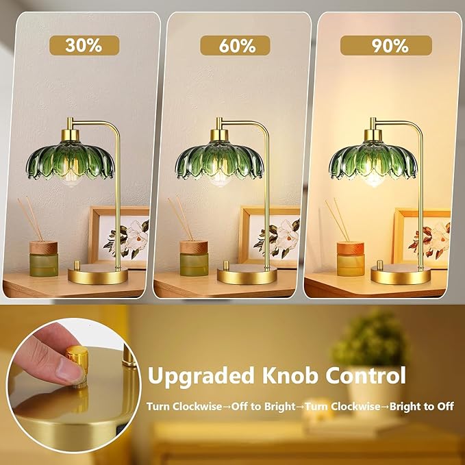 Glass Table Lamp Set of 2,Small Gold Bedside Lamps Dimmable Boho Bedroom Lamp with Tulip Flower Green Lamp Shade,Vintage Mid Century Modern Mini Nightstand Lamp for Bedroom Living Room