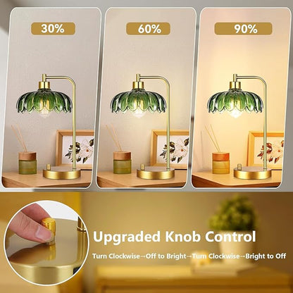 Glass Table Lamp Set of 2,Small Gold Bedside Lamps Dimmable Boho Bedroom Lamp with Tulip Flower Green Lamp Shade,Vintage Mid Century Modern Mini Nightstand Lamp for Bedroom Living Room