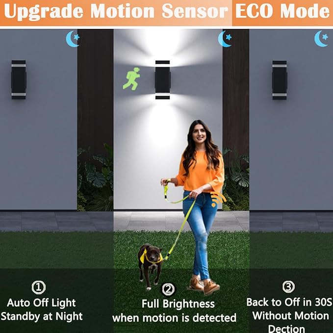Motion Sensor Outdoor Wall Lights, Dusk to Dawn Exterior Light Fixtures with 3 Modes, Modern Up Down Wall Sconce, Waterproof Aluminum Porch Light for Garage, Patio, Front Door