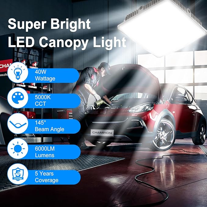 40W LED Canopy Light, 6000LM LED Canopy Lights Outdoor, IP65 Waterproof Canopy Light for Gas Station Industrial Lighting Garage Barn Shop Carport Warehouse Building Entrance UL Listed, 4 Pack