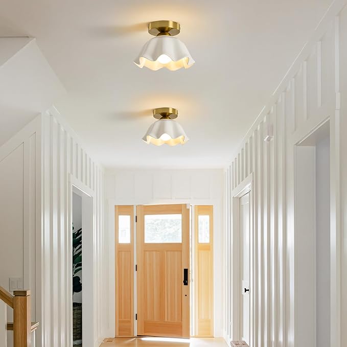 Glaze Ceramic Semi Flush Mount Ceiling Light - 2 Pack, Vintage Gold Hallway Light Fixtures, Flower White Globe Ceiling Lights, Mid Century Small Light Fixture for Cottage Entryway Laundry Room Foyer