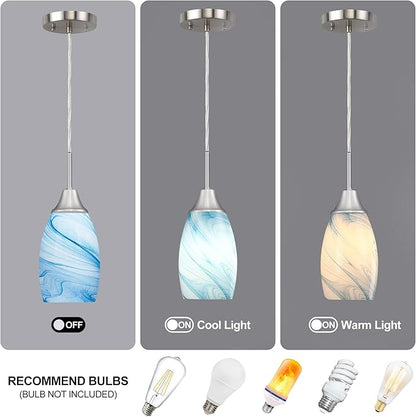 Mini Glass Pendant Light 1-Pack with Handblown Blue Marble Art Oval Glass Lamp Ceiling Hanging Light 4.72" Small Chandelier for Dining Room Kitchen Foyer Hallway