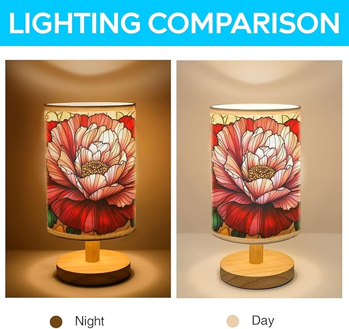 Carnation Table Lamp LED 3-Color Pressed Bedside, Carnation Shade Lamp with Wood Base for Bedroom Living Room Desk Office TL01