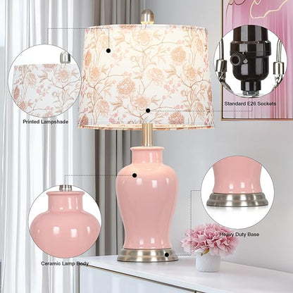 Pink Ceramic Table Lamp with Flower Lampshade, 23" Cute Bedroom Lamp with Ginger Jar Design, Modern Living Room Lamps Set 2, Elegant Bedside Lamps for Nightstand End Table Home Decor