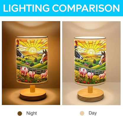 Farm Animals Table Lamp LED 3-Color Pressed Bedside, Farm Animals Shade Lamp with Wood Base for Bedroom Living Room Desk Office TL01
