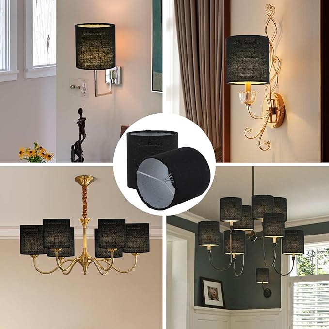 Chandelier Lamp Shades, Small Lamp Shades Clip-on Bulbs Only for Candelabra Bulbs, Black Chandelier Shades 6 Pcs, Mini Lampshades for Chandeliers 5.1" X 5.1" X 5.3, Home Decor Fabric Linen Lampshade