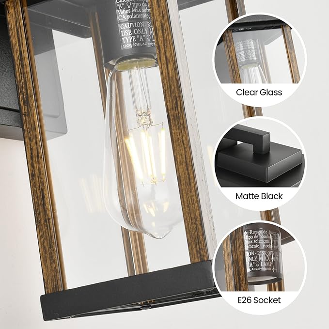 Outdoor Wall Sconce, Outside Porch Light Fixtures, Anti-Rust Exterior Wall Lights in Wood Grain & Black Finish with Clear Glass for Garage Doorway Entryway, 2 Pack