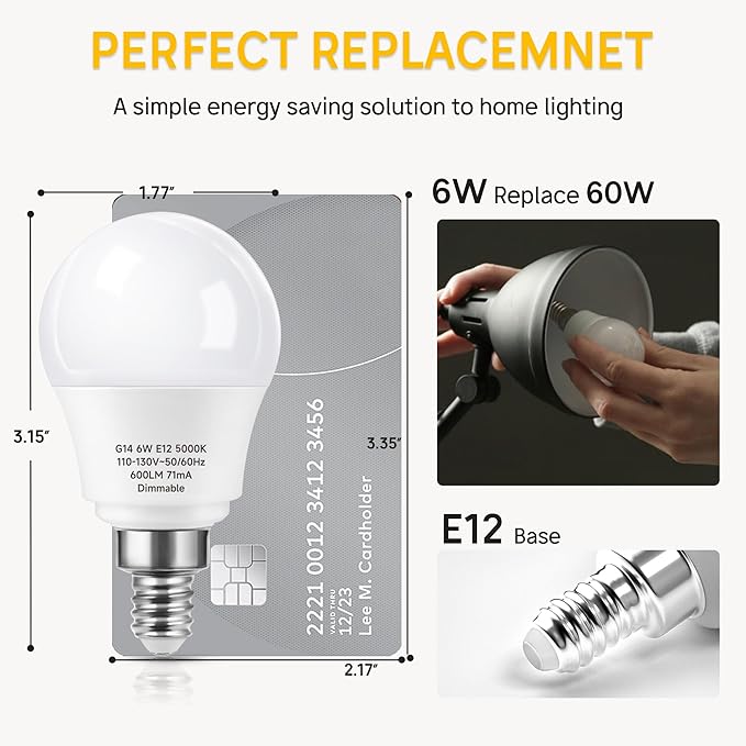 E12 Dimmable 6 watt (60w Equivalent) LED Light Bulbs, G14 Ceiling Fan Light Bulbs Daylight White 5000K, Candelabra Base Globe Shape LED Bulbs, 600 Lumen, 6 Pack