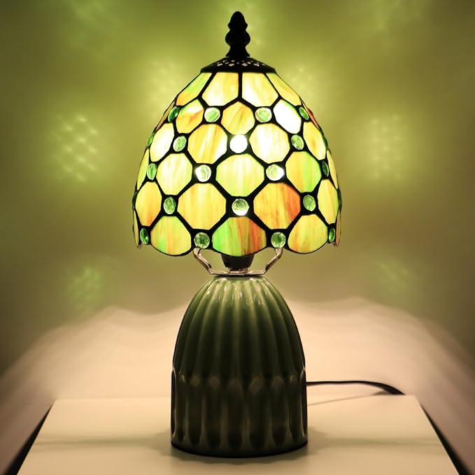 Tiffany Lamp Stained Glass Mushroom Table Lamps 6X6X12.5 Inch Brownish Green Pearl Style Small Night Light Ceramic Base Mini Accent Desk Light Suitable for Bedside Table Bedroom Children Room